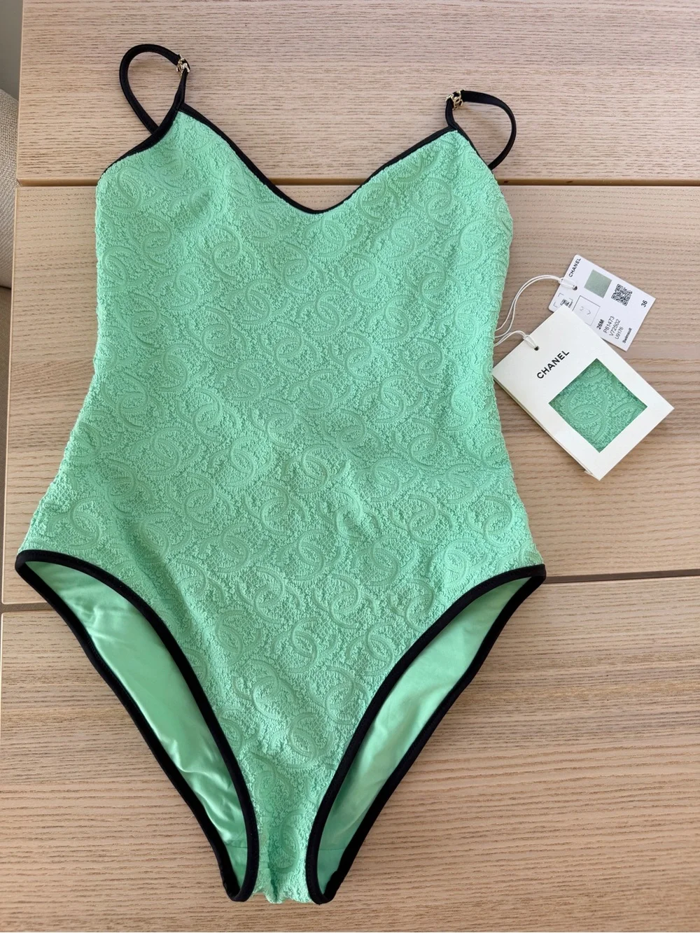 CHANEL 26M COCO BEACH Green Textured One-Piece Stretchy Swimsuit 36 XS
